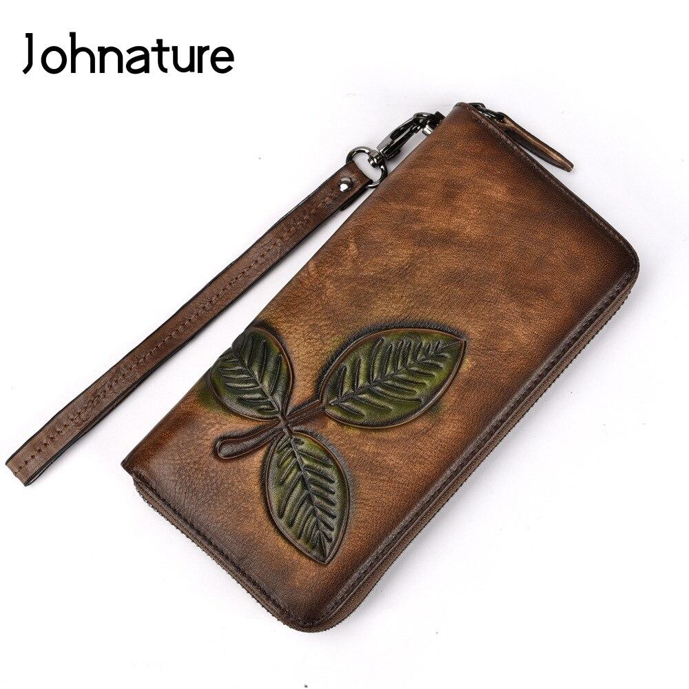 Johnature Vintage Leisure Wallet Card Holder Genuine Leather Long Women Wallets First Layer Cowhide Phone Purses