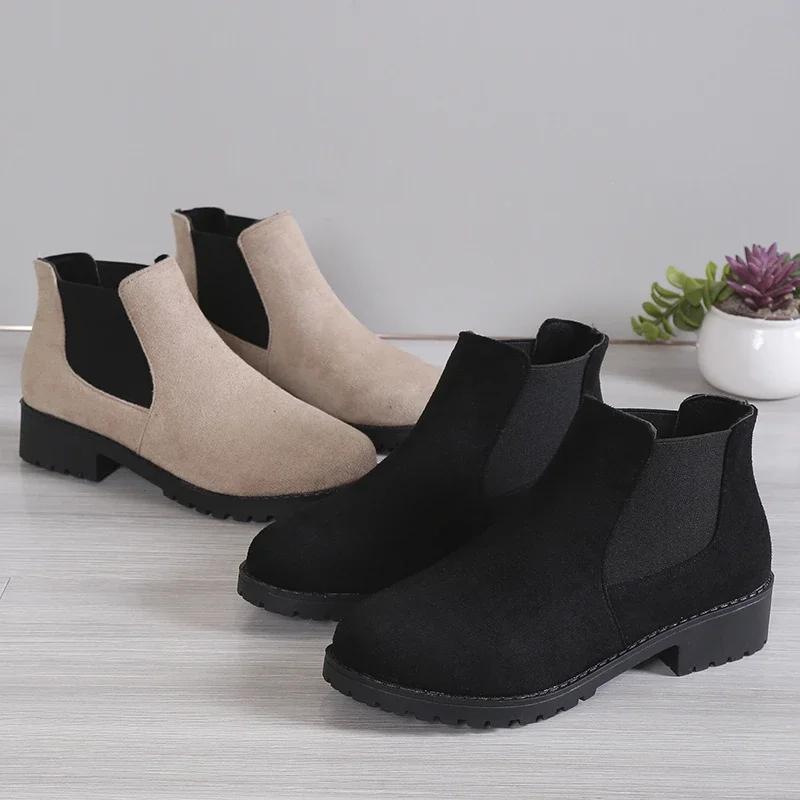 Women Winter Shoes Cow Suede Ankle Boots Chelsea Boots Chunky Boots Black Female Autumn Fashion Platform Booties Beige