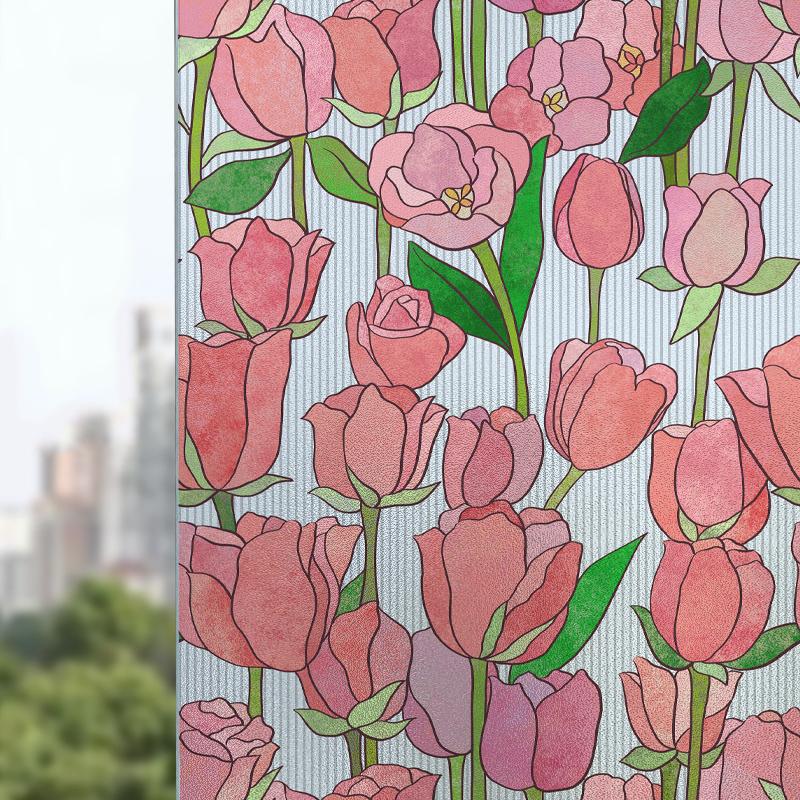 Bunt Buntpflanze Blume Fensterglasfolie Statische Aufkleber Abnehmbar PVC Dekorative Sichtschutzfolie für Zuhause Büro