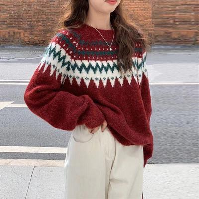 Gentle Wind Pullover Sweater Women's Loose Autumn and Winter Wear Autumn and Winter New Retro Knitted Crew Neck Top