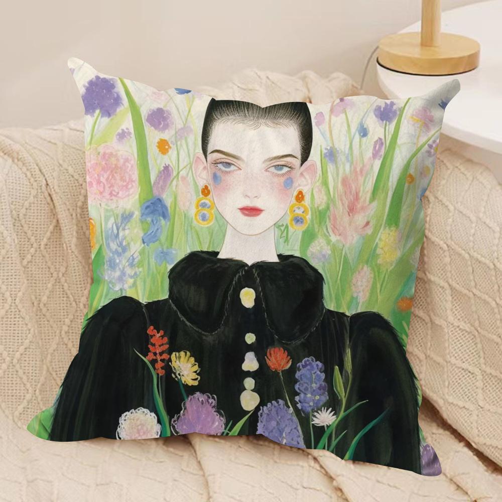 Fashion Illustration Cushion Cover Soft Plush Fabric Double-Sided Printed Sofa Cushion Cover for All Seasons Home Decor Gift