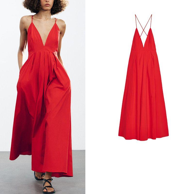 Spring and Summer Women's Clothing Sexy Style Cotton Blend Pleated Decoration Open Back V-neck Elegant Long Dress 2816653