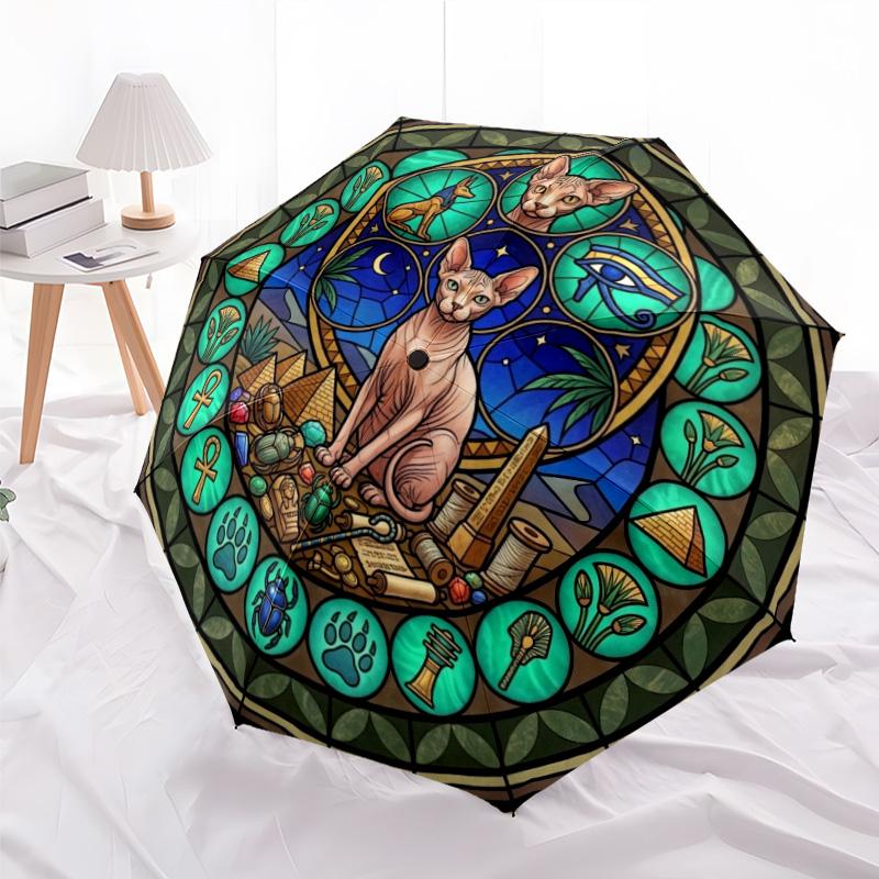 Egyptian Cat Glass pattern umbrella, portable and foldable design, 8 ribs, a casual accessory for Halloween, Christmas, and birthday gifts.