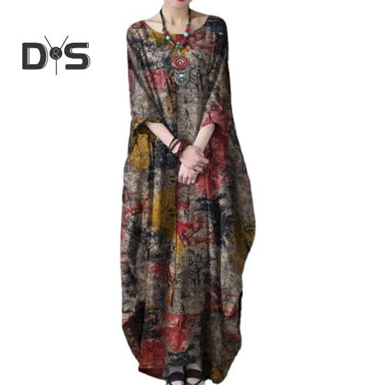 Женское платье макси с круглым вырезом и рукавами 3/4 — фото 9