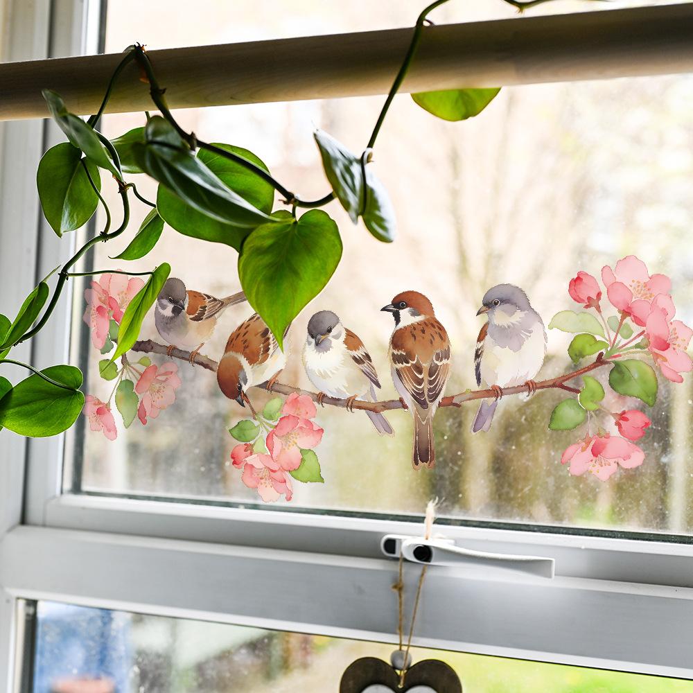 Static Cling Sparrow Flower Branch Window Sticker for Bedroom Entryway Home Decor