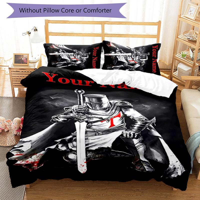 3pcs Custom Name Cartoon Knights Templar Bedding Set Duvet Cover Closure Includes 1 Duvet Cover & 2 Pillowcases for All Seasons Bedroom Decor