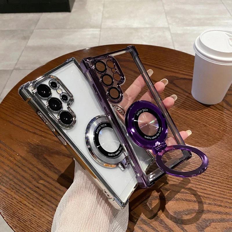 Four Corners Anti Drop Transparent Electroplated Magnetic Stand Protective Case For Samsung Galaxy S25 S24 S23 S22 21 Ultra Plus