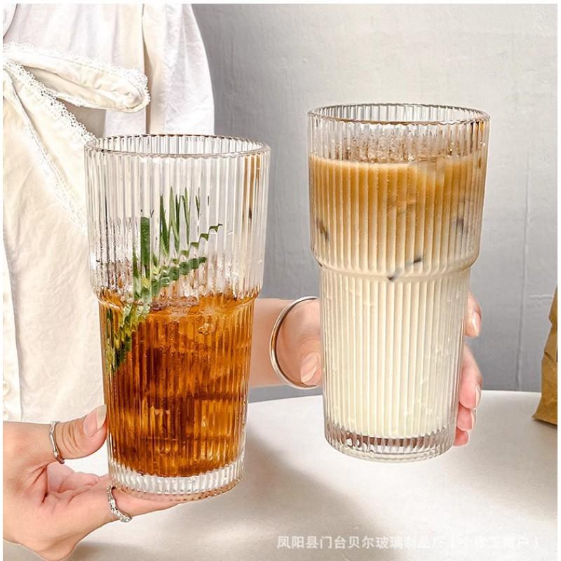 600ml Tall Striped Glass Tumbler With Lid Straw - Leakproof Premium Drinkware Cold Beverages Coffee Water