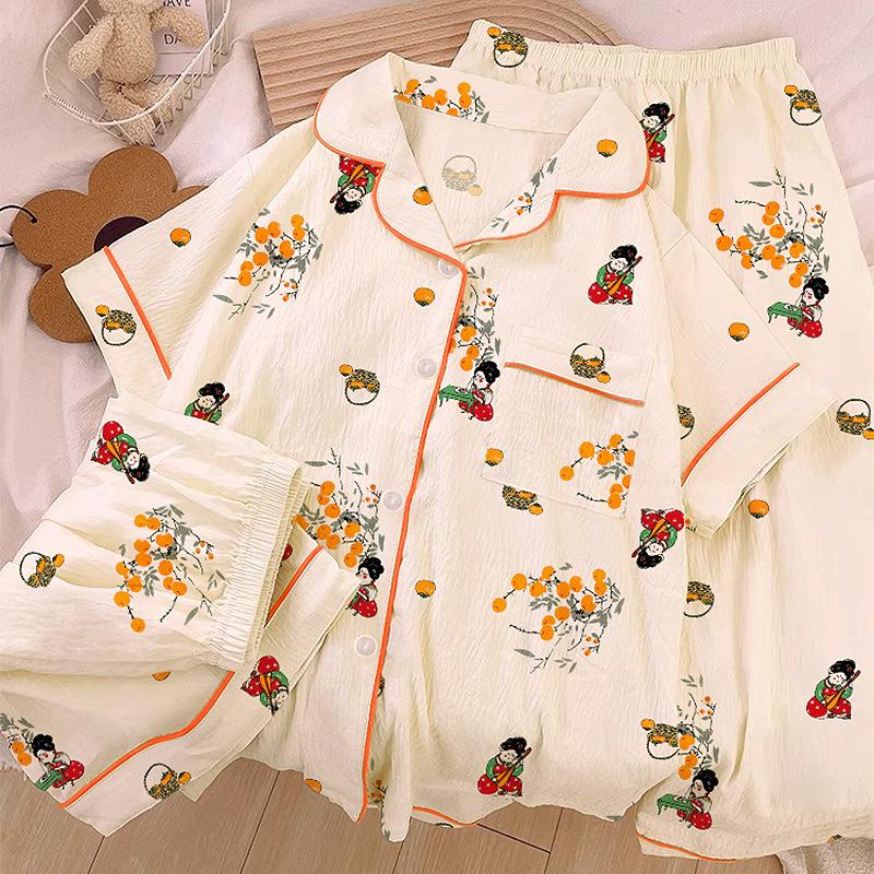 Homewear Cloud Cotton Frühling und Sommer Pyjama Damen Kurzarm Hose Cartoon Welpe Mädchen Dreiteiler