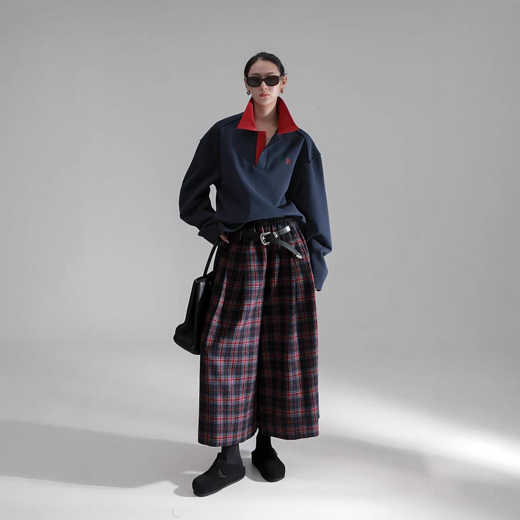 Neo-Modern Plaid Wide-Leg Wool Skirt-Pants for Women