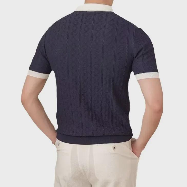 Trendy Italiaanse Kleurblok Polo voor Heren: Lichtgewicht, Ademend, Slim Fit, V-kraag, Jacquard Gebreide Korte Mouw