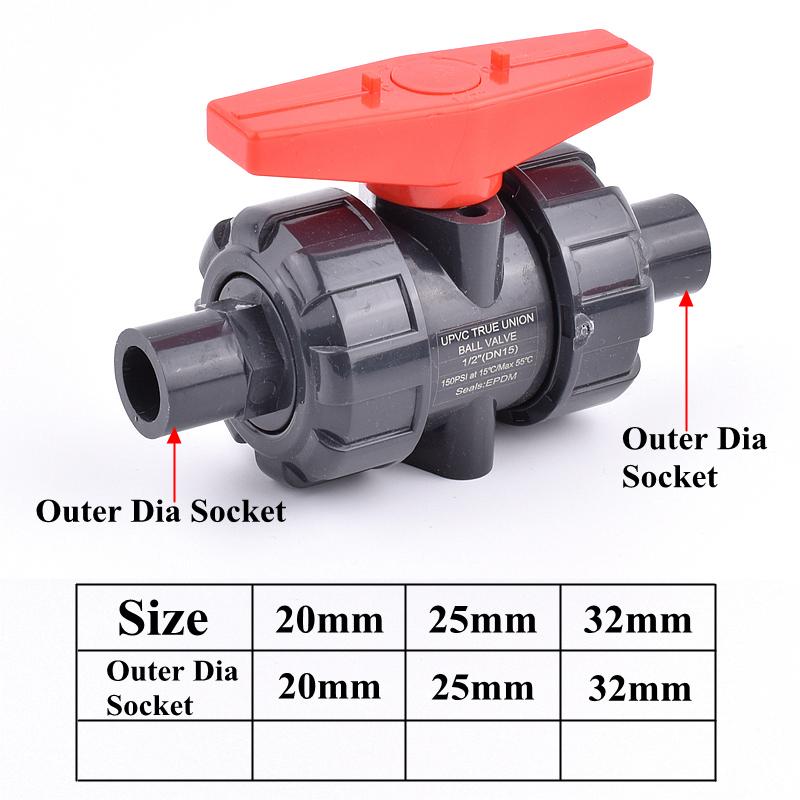 Grey 1/2 Inch~1 Inch Female Male Thread Union Ball Valve Garden Irrigation 20mm~32mm PVC Pipe Socket Water Control Valve