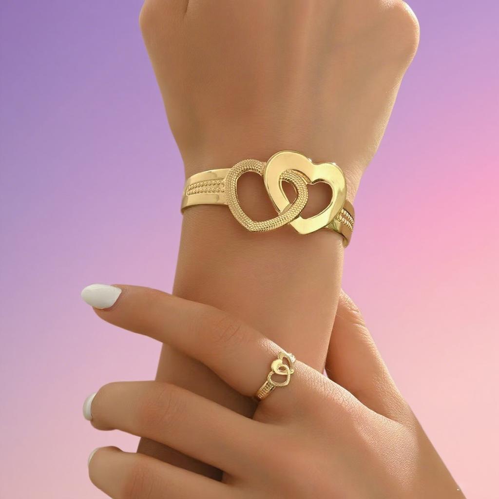 Two-piece set simple hollow love opening bracelet ring jewelry set fashionable daily casual versatile set