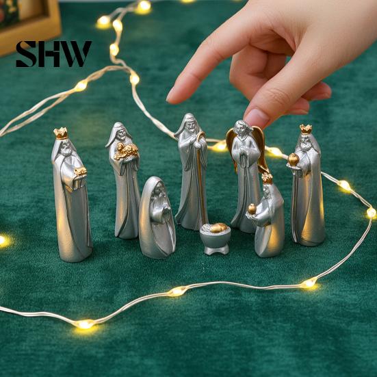 Indoor Holiday Home Decorations 8 Pcs Resin Nativity Figurines Set, Christian Scene Figures, Jesus Birth Religious Christmas Tabletop Miniature