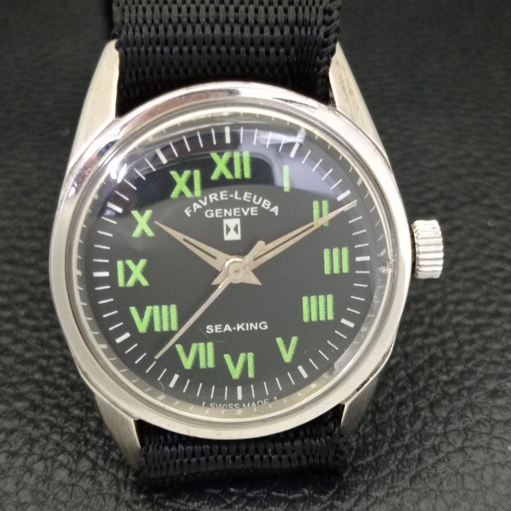 SWISS VINTAGE FAVRE LEUBA 111 SEA KING HAND-WINDING MENS BLACK WATCH A702015-5 R208-a702015