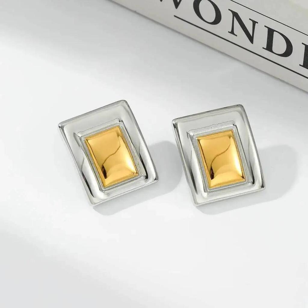 IngeSight.Z Temperament Retro Stainless Steel Square Stud Earrings for Women Luxury 18K Gold Plated Waterproof Earring Jewelry