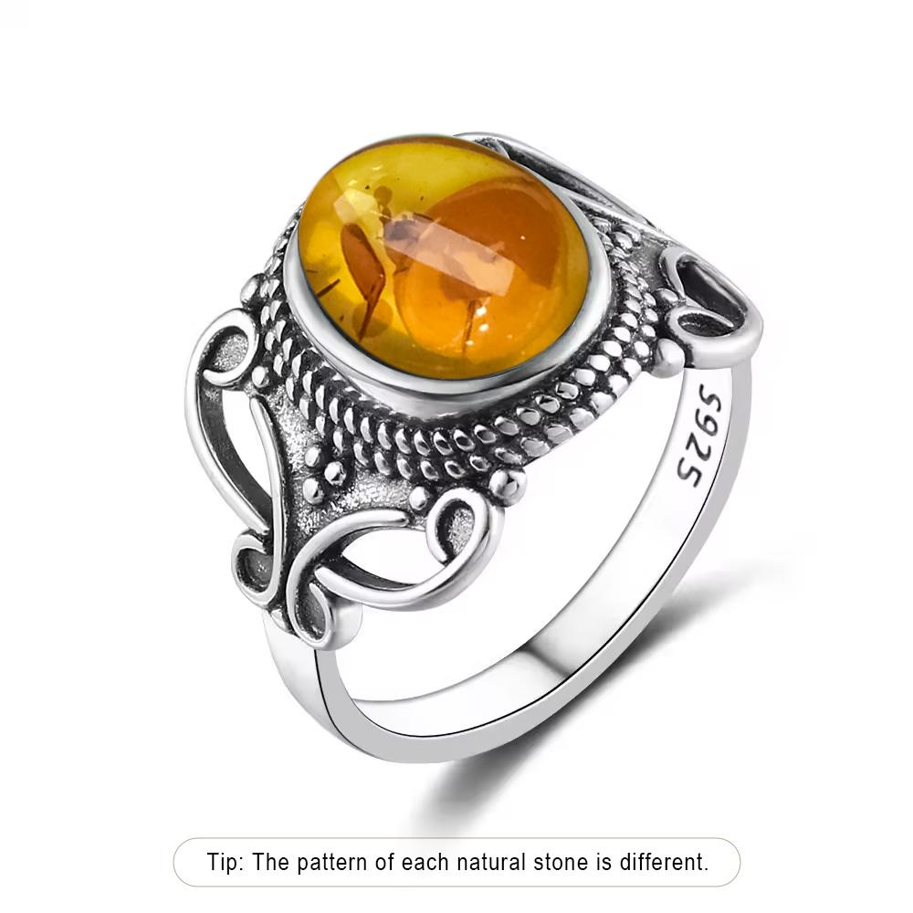 S Sterling Silver Ring With Natural Amber Stone Flower Shape Oval Petal Amber Stone Gifts Fine Jewelry For Women