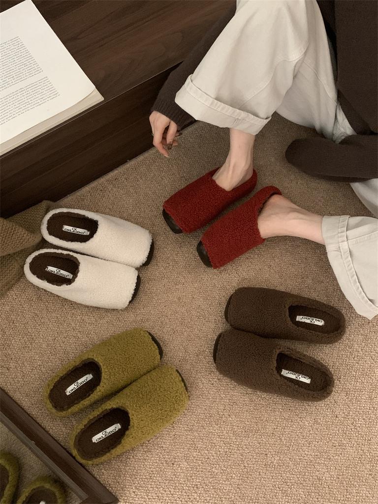 Retro Lamb Wool Plush Slippers Women's Outer Wear 2025 New Small Fragrant Splicing Lazy One-pedal Cotton Mop