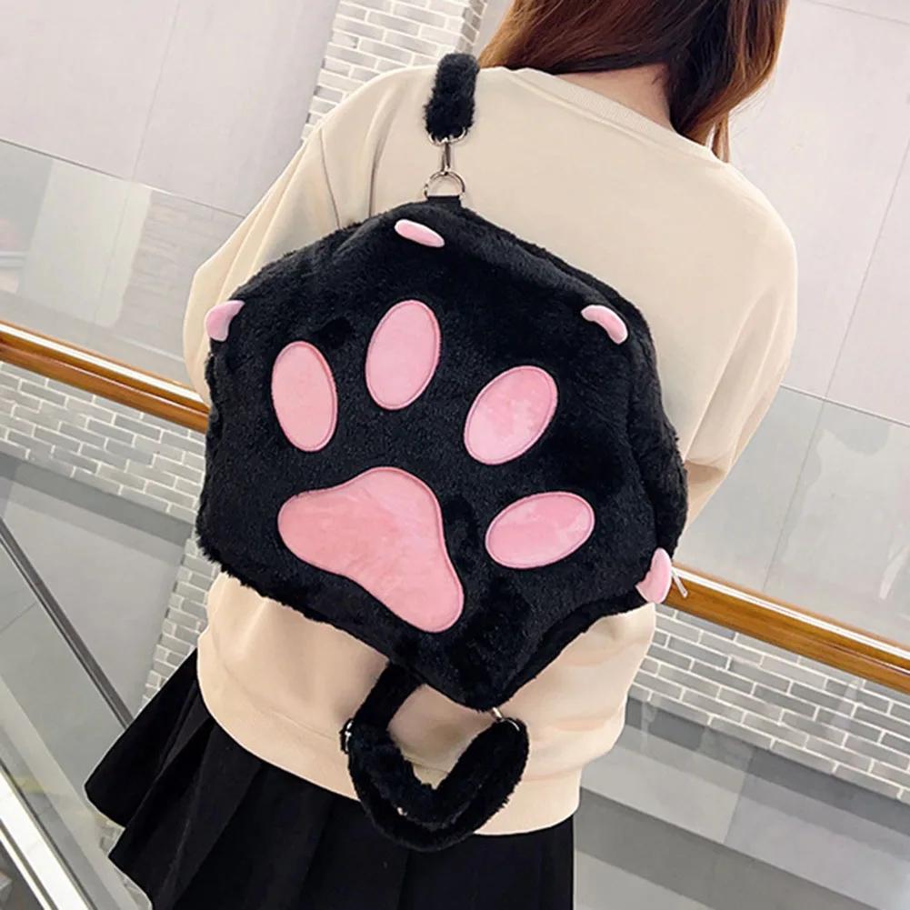 

Cute Cat Paw Plush Backpacks with Adjustable Straps Soft Furry Schoolbag JK Girls Zipper Fluffy Mochila Cartoon Students Bagpack чорний
