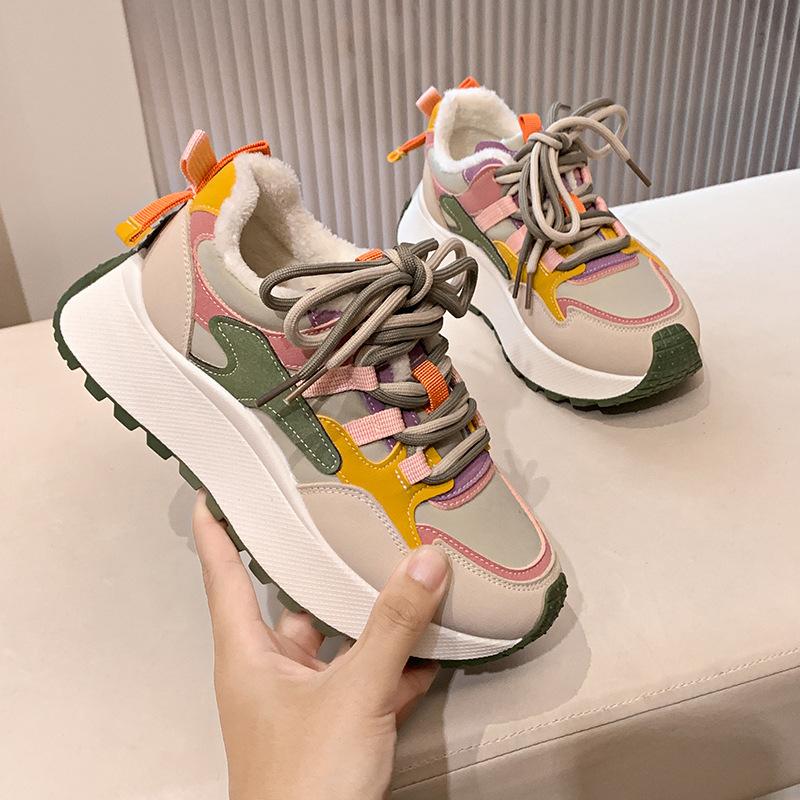 New velvet dad shoes for women's winter new heightening casual breathable thick-soled color matching travel shoes