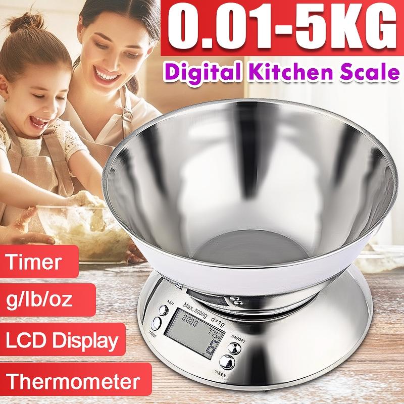 

Новые 5 кг/1 г Цифровые кухонные весы с часами, дисплеем температуры, электронные весы, кухонные весы для продуктов, кухонные весы из нержавеющей стали