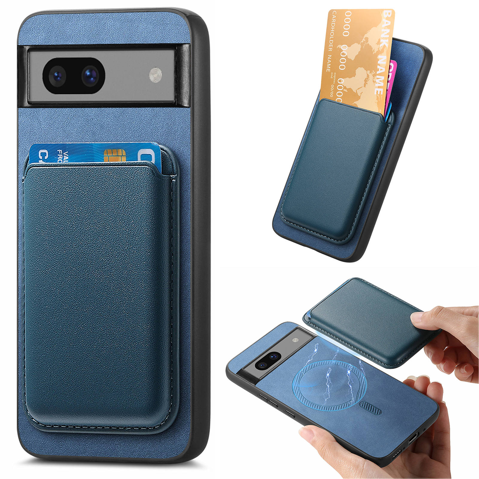 

B2 For Google Pixel 7a Magnetic Case Detachable Card Holder Leather+TPU Phone Cover Blue