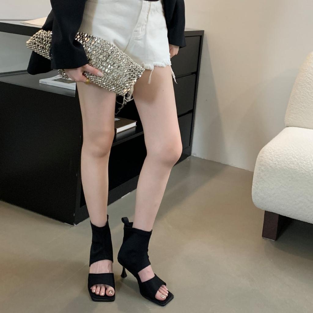 Women's Fashion French-style Ankle Boots Summer Square-toe Thong Elastic Fabric Sandal Boots