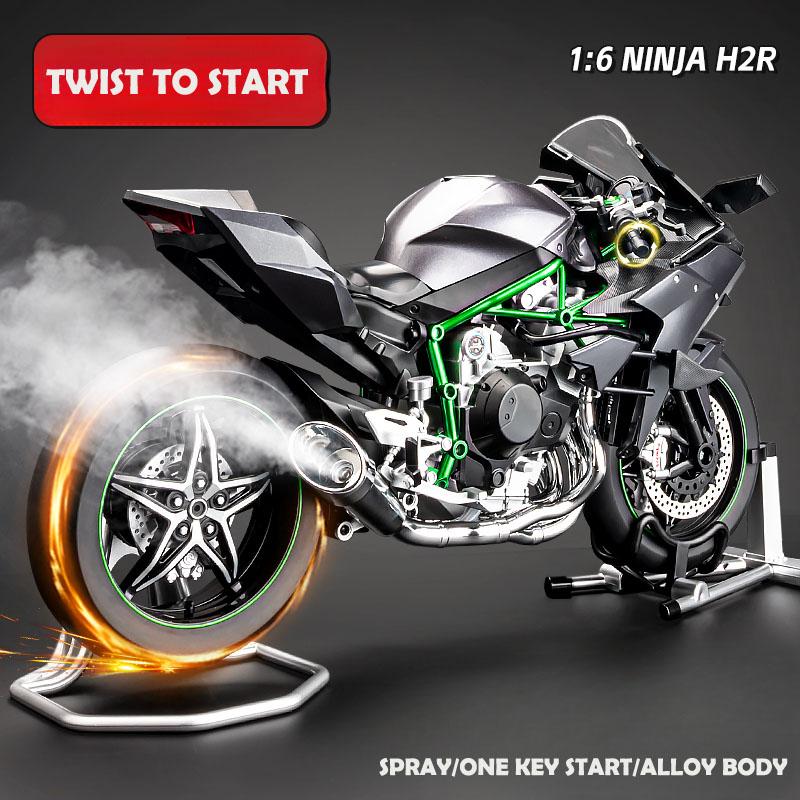 Spray 1/6 Scale Kawasaki H2R H2 Motorcycle Model Ignitable Metal Motorcycle Toy Boy Man Simulation Alloy Ornamental Gift