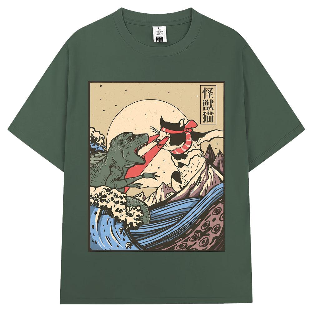 Japanese Style Kaiju Vs Cat Funny Meme Graphic Tshirts Men Women Fashion Vintage Manga T Shirts Oversized Cozy Cotton T Shirt