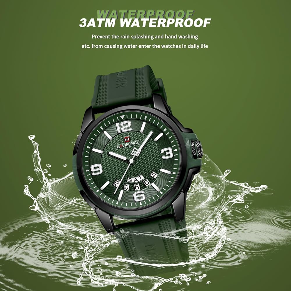 NAVIFORCE Analog Military Sports Watch Green Silicone Strap Unisex Waterproof