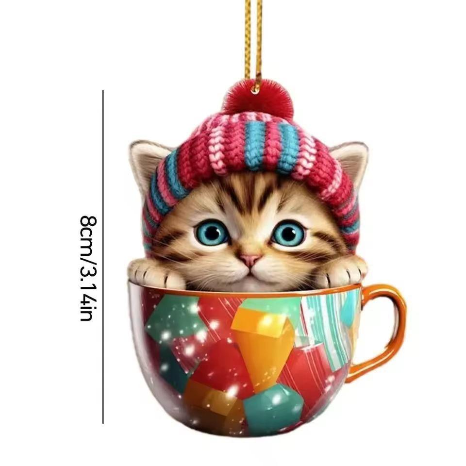 Tea Cute Cartoon Cup Cat Pattern Acrylic Pendant For Christmas Tree Decoration