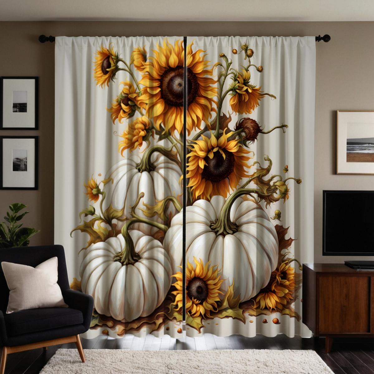 

2 шт. HD белая тыква подсолнух декоративная занавеска Желтая завязка цифровая печать занавеска украшение дома стиль украшение гостиная W52H63inchW132H160cm