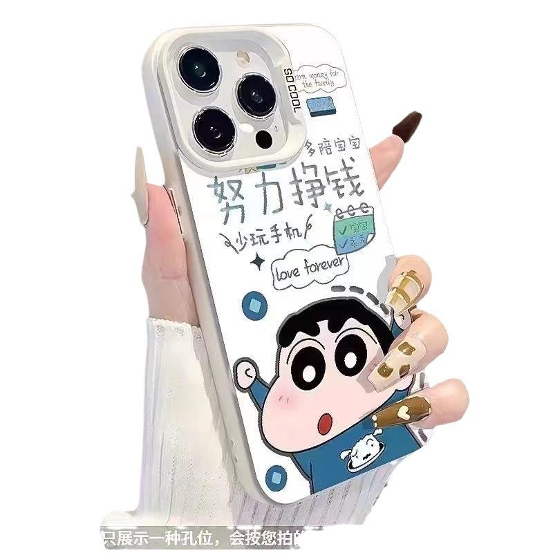 Couple Shin-chan and Himawari compatible phone cases for iPhone 17, 16, Pro Max, and iPhone 15, 14-inch silver, and 13XR.