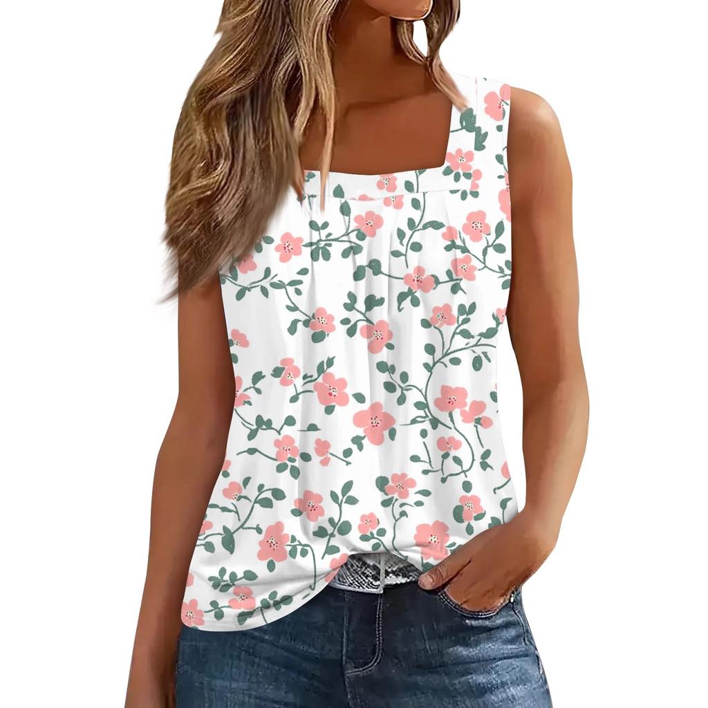 Women's Pleated Square Collar Sleeveless Vest Print T-shirt