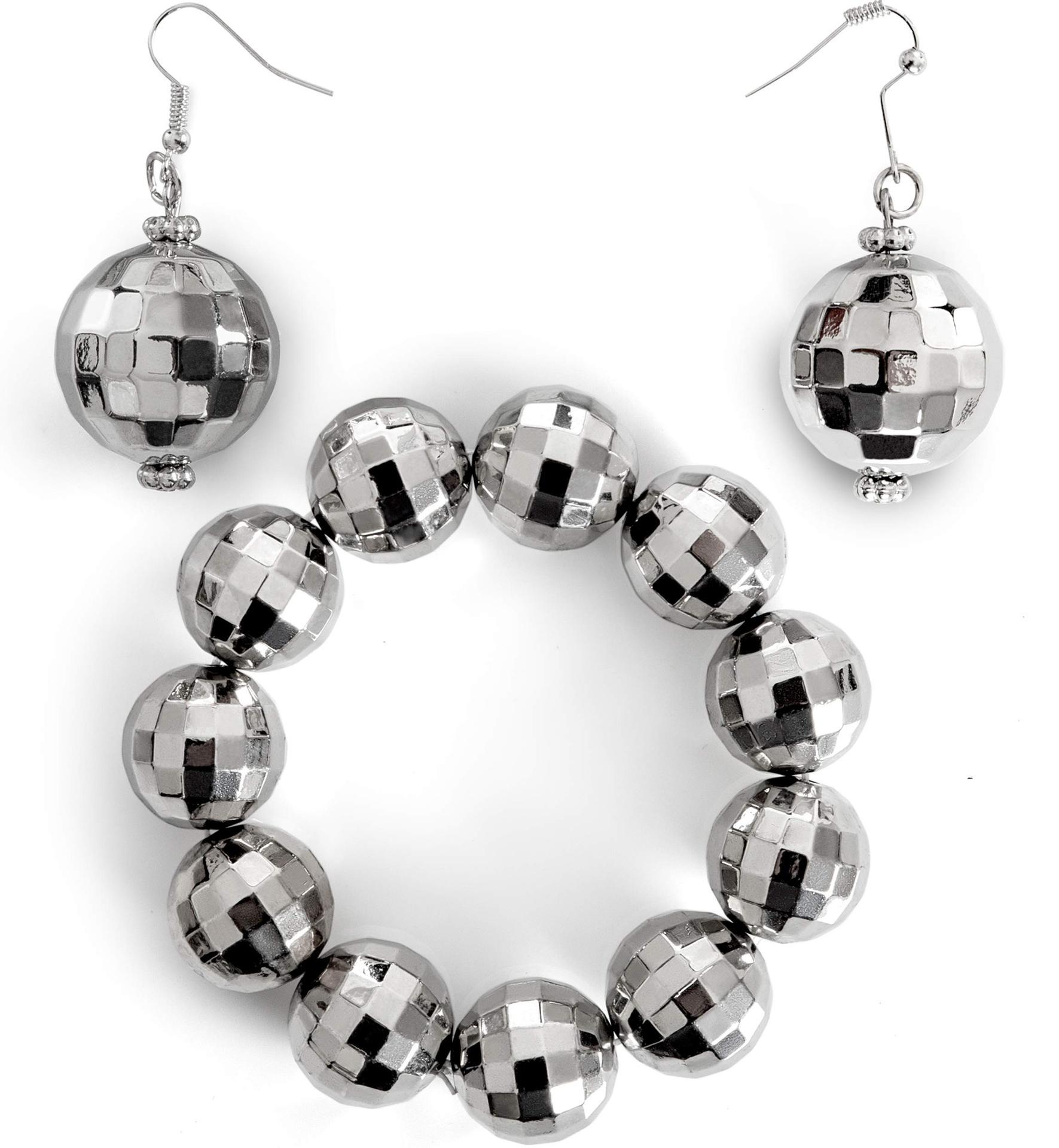 1970s European & American Disco Dance Party Jewelry Set: Ball Earrings, Necklace & Bracelet
