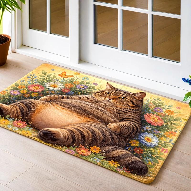 1Pcs Anti Fatigue Kitchen Rugs,  Cute Fat Tabby Print Waterproof Non-Slip Thick Cushioned Kitchen Mat Heavy Duty Comfort Standing Mat for Kitchen