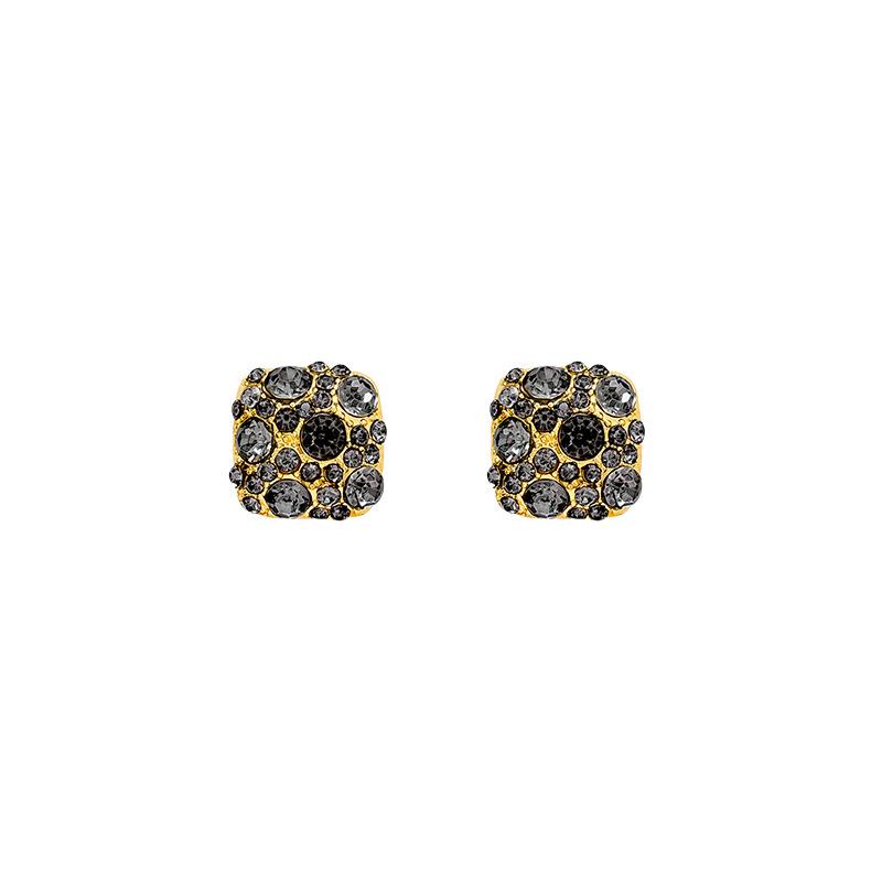 Delicate square black rhinestone stud earrings women's light luxury full diamond earrings Korean version retro earrings
