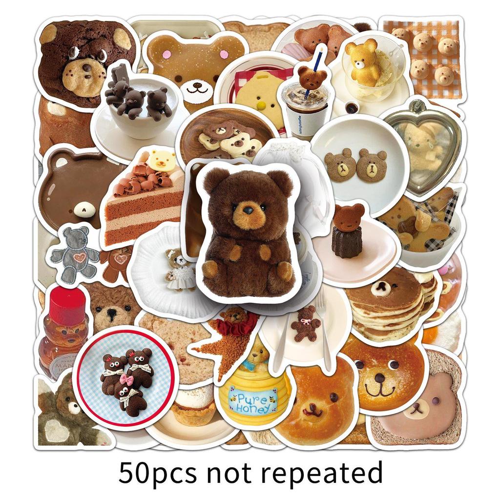 50 Pcs Bear & Food Animal Graffiti Stickers - Creative, Waterproof, DIY for Computer/Guitar