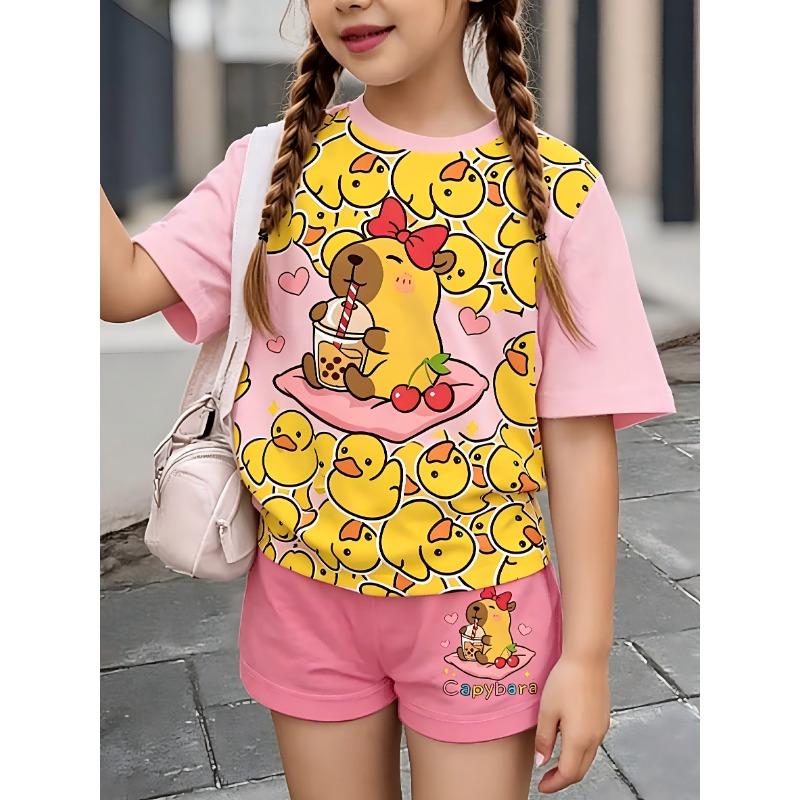2-piece Summer Boys Casual Sports Trend 3D Pattern Printed Pattern Round Neck T-shirt and Shorts Set 12Y100cm