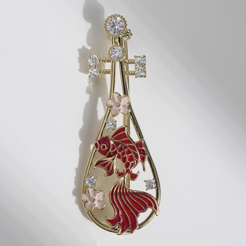 Bo Xin Yun Chinese Ancient-Style Pipa Brooch: Enamel Zircon Violin Corsage