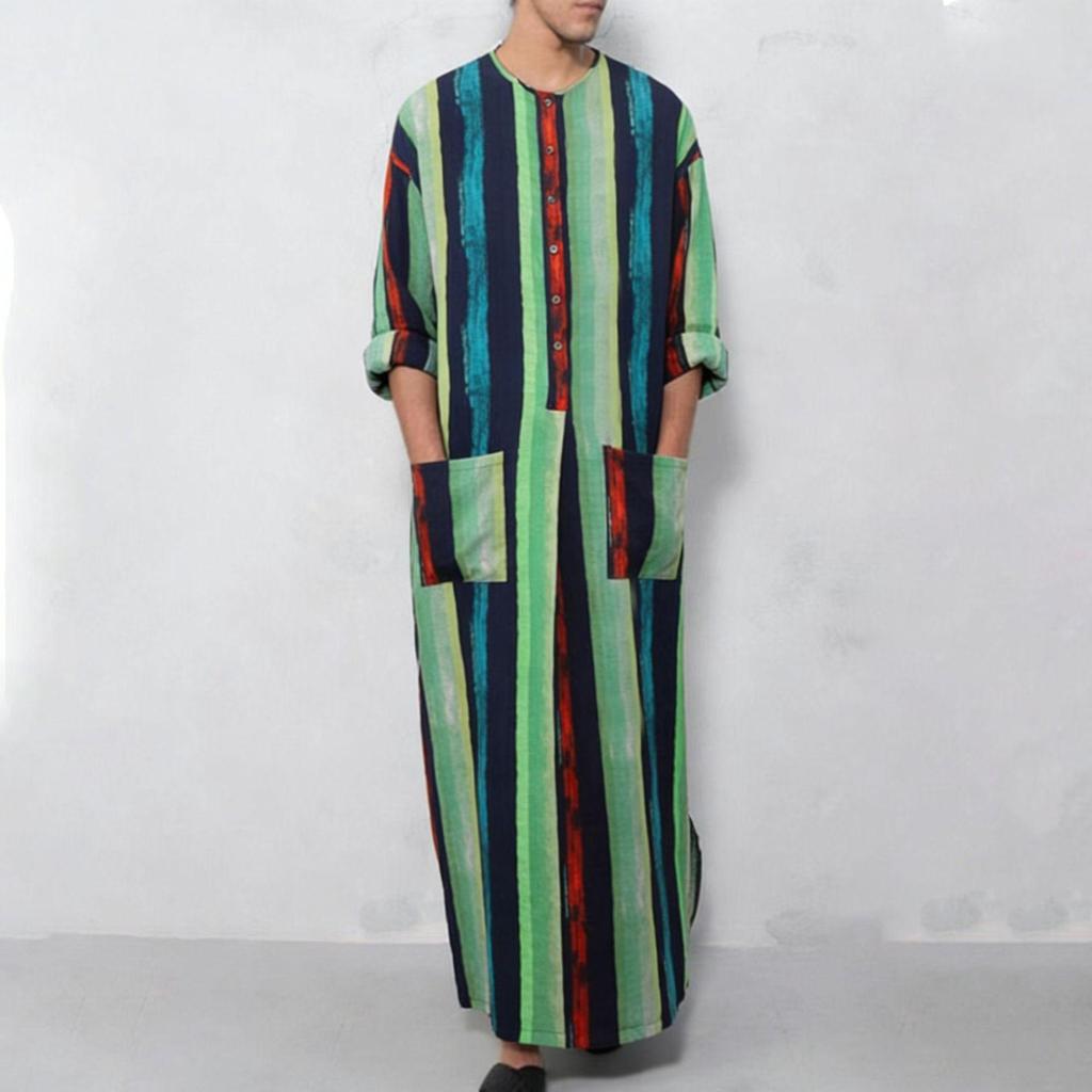 Southeast Asia Gradient Stripe Stand Collar Long Sleeve Muslim Robe for Men