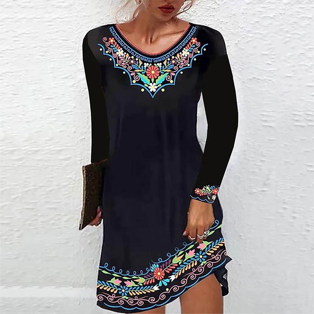 Women's  Retro Printing  O-Neck Long Sleeve Ethnic Style Comfy Casual Dress