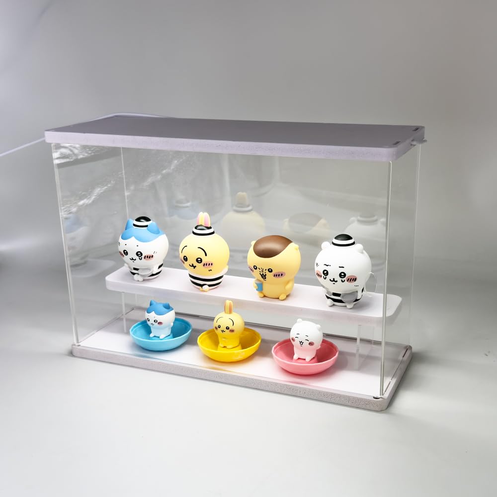 LED Downlight Acrylic Collection Case, 2 Tiers, Black, Capsule Toy Figure Light-Up Display, 3-Color Switching