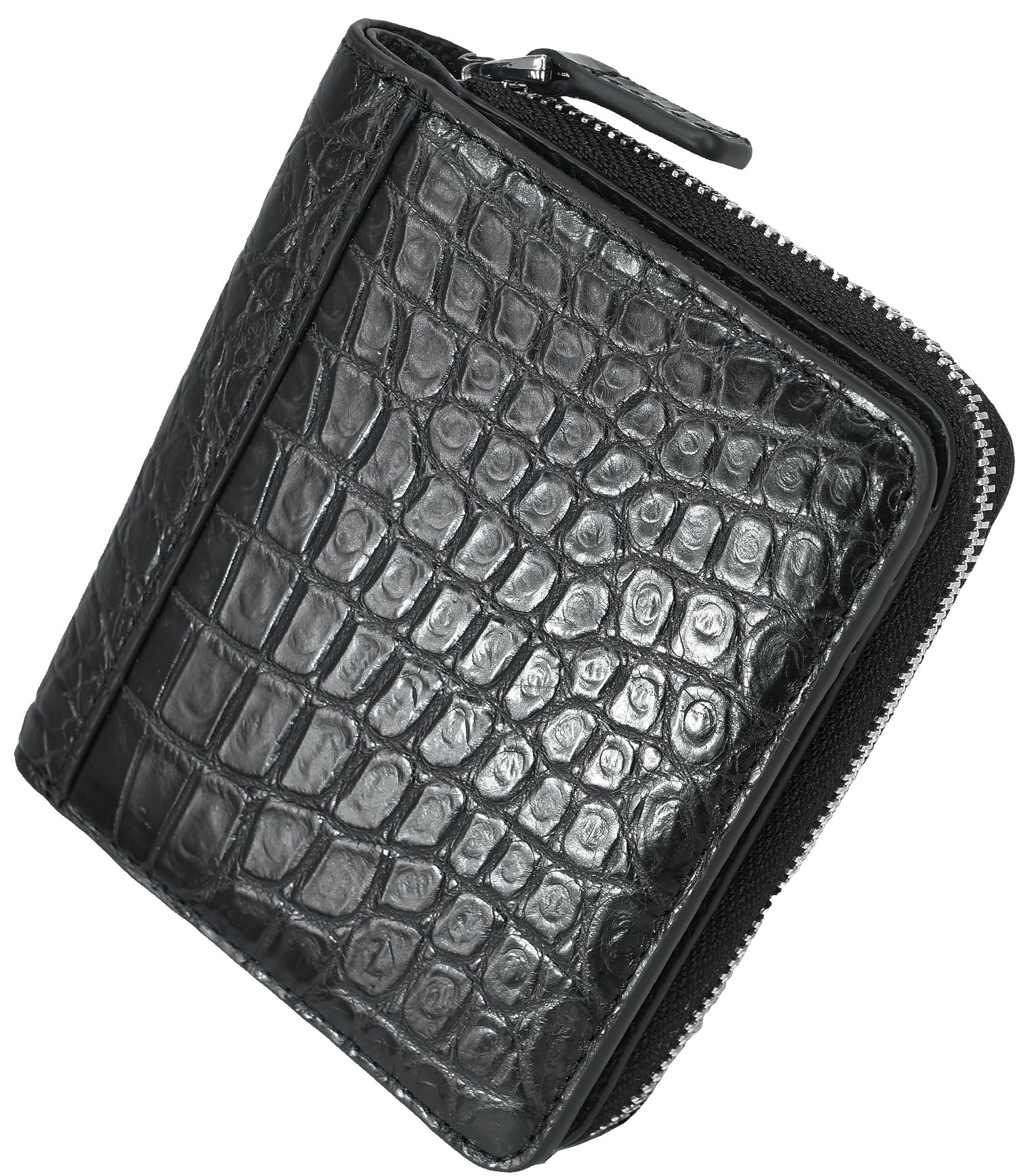 

Black crocodile leather wallet for men and women, made from a single piece of genuine alligator leather. This bifold wallet offers a compact design
