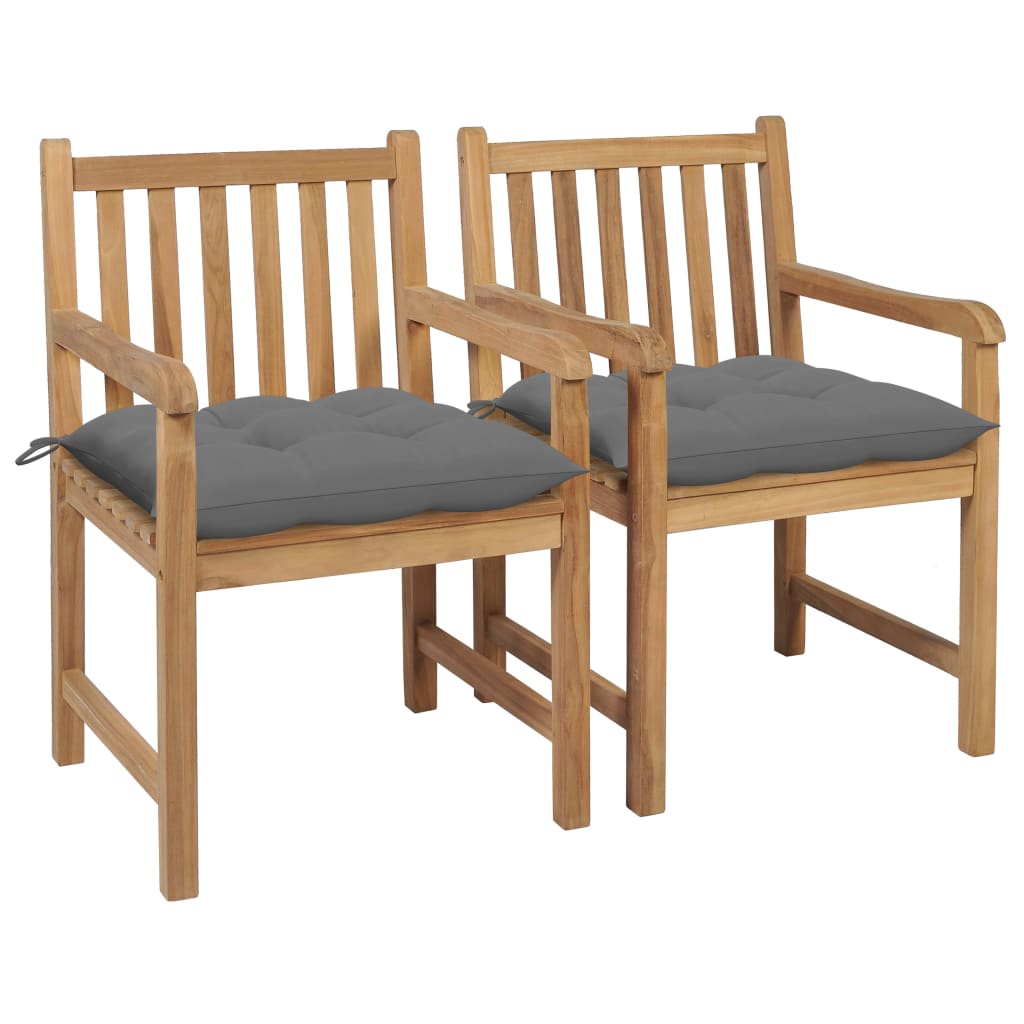 Garden Chairs 2 Pcs with Grey Cushions Solid Teak Wood