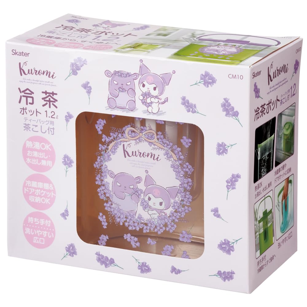 Skater Cold Tea Pot with Can Hold Hot Kuromi Flower Sanrio Design CM10-A Strainer, 1.2L Capacity, Heat-Resistant, Water, Wreath,