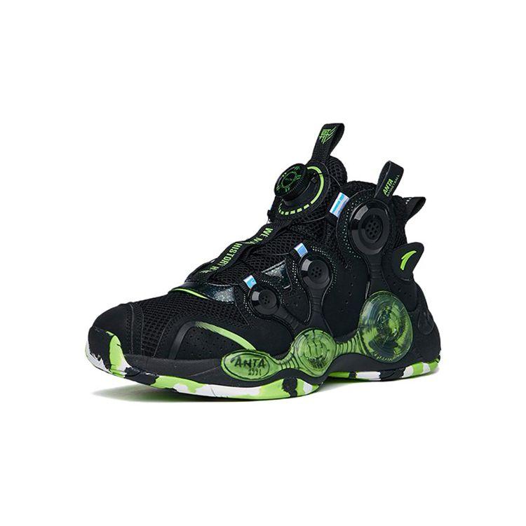 Anta Youth  Childrens Asymmetric Comfortable Non-Slip Shock Absorbing Wear-Resistant High-Top Basketball Shoes Kids Sneakers Black Green 312131110C-3