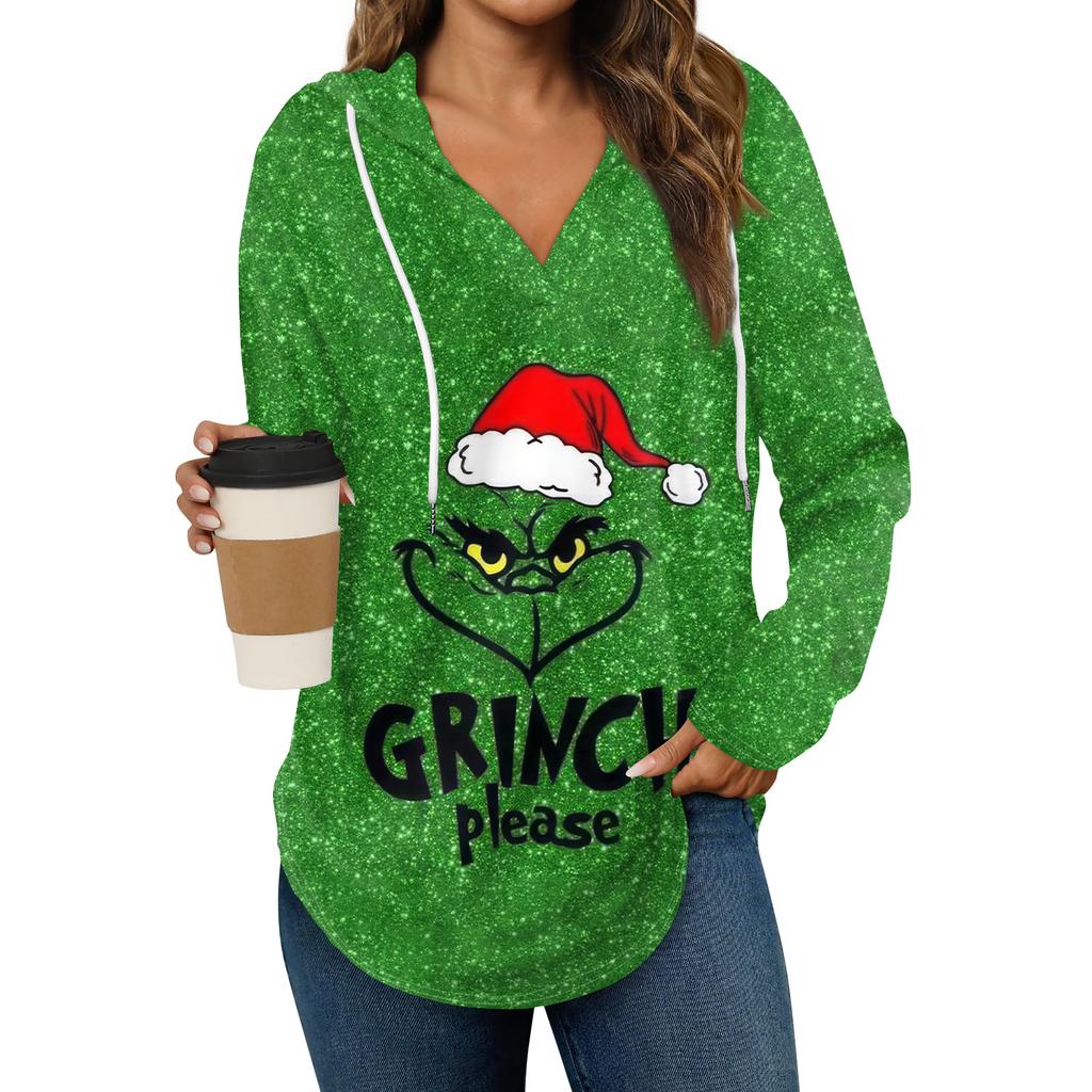 Women's Fashion Hoodies V Neck Long Sleeve Christmas Printed Drawstring Casual Loose Pullover Tops