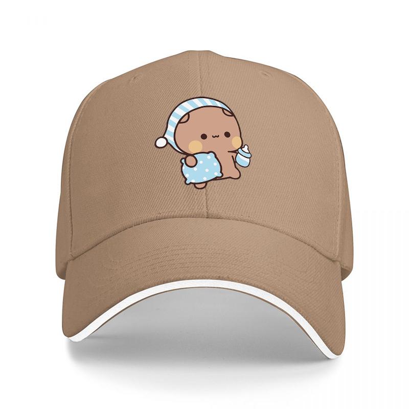 Cute Baby Bear Wearing Nightcap and Holding Bottle Baseball Cap Black with White Trim Adorable Cartoon Design for Adults
