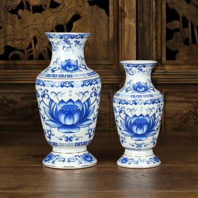 Vaso de porcelana azul e branco Vaso de cerâmica Buddha Hall Arranjo de flores Garrafa purificadora de água Garrafa Guanyin Adoração ao Buda